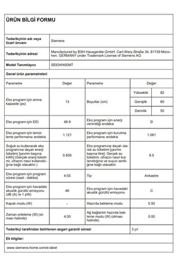 Siemens SE63HX60MT 6 Programlı 13 Kişilik Ankastre Bulaşık Makinesi