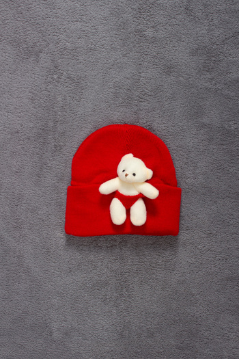 ADABEBEK Knitwear Kids Beanie with Teddy Bear Accessory