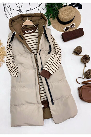 VOLT CLOTHİNG Women's Double-Sided Long Hooded Sleeveless Puffer Vest