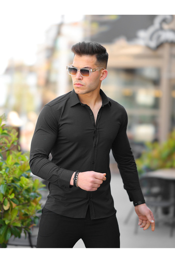 Ser Joven Cămașă neagră pentru bărbați, cu guler clasic, din bumbac, uni, slim fit