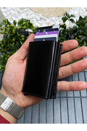 BAYDERİ Valde Genuine Leather Mechanical Card Holder Wallet Matte Black