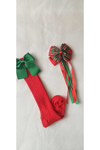 Sare Çocuk Giyim Red Socks with Green Bow and Plaid Buckle Set