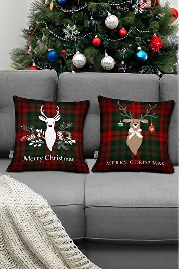 Hayal Dekoratif Ornament decorativ cu imprimeu digital cu model de căprioare cu tema de Anul Nou, 2 huse de pernă