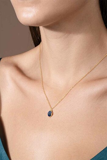 Takıdepo Lapis Lazuli Taşlı Minimal Gümüş Kadın Kolye-Altın Rengi