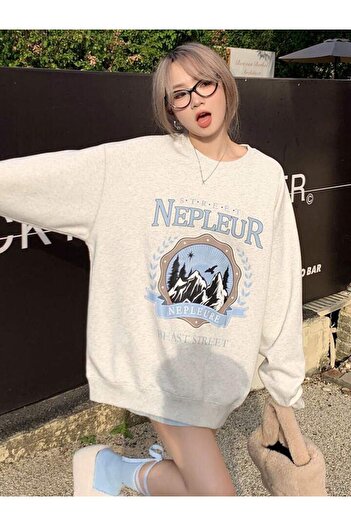 Machetta Γκρι Nepleur Printed Unisex Oversize Φούτερ - Crew Neck Hoodie