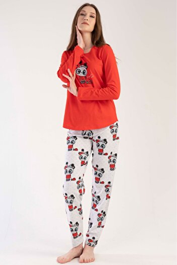 VİENETTA Women's Red Long Sleeve Round Neck Oval Skirt Cotton Pajamas Set Full Fit