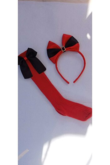 Sare Çocuk Giyim Christmas Red Bow Socks Big Bow Crown Buckle Set