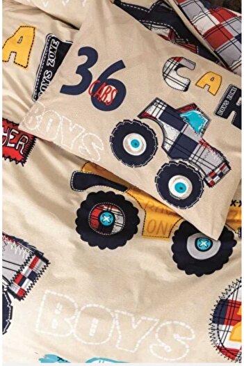 Cotton Box Junior Single Sheet Elastic Duvet Cover Set Cars Beige