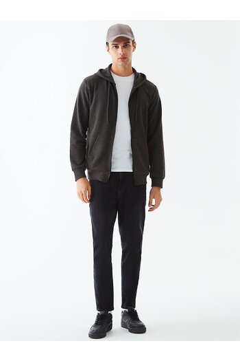 Ltb Hooded Zippered Basic Anthracite Cardigan