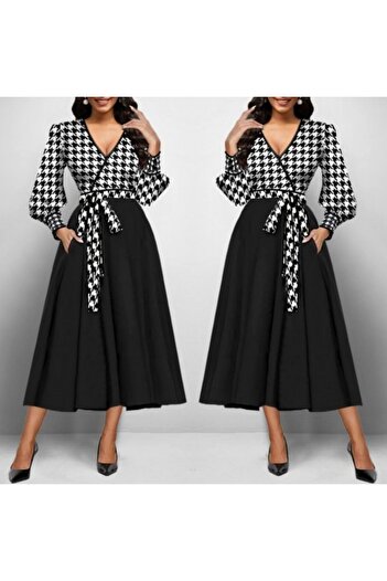 Viyamo Long Sleeve Double Breasted Collar Midi Crepe Dress - Diver Detailed