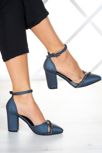 Erkan Saçmacı Samira Navy Blue Satin Stone Transparent Designed Shoes