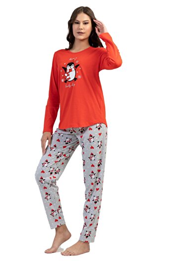 VİENETTA Women's Red Gray Long Sleeve Round Neck Oval Skirt Cotton Pajamas Set Full Fit