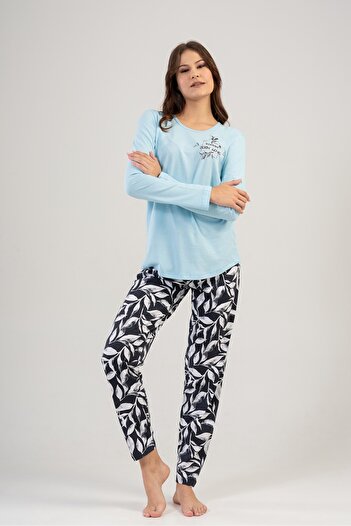 VİENETTA Kadın Mavi Uzun Kollu Yuvarlak Yaka Oval Etek Pamuklu Pijama Takımı Tam Kalıp