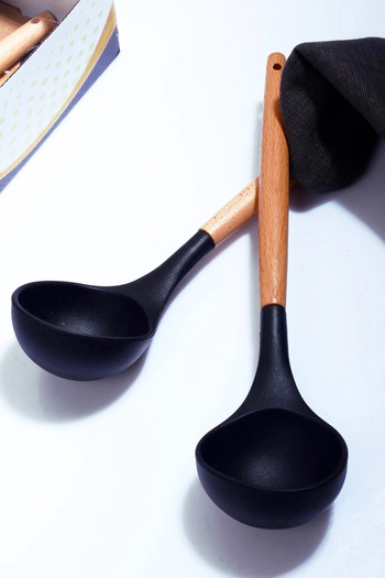 Rotanev Bamboo Handle Silicone Ladle Black 2 Pieces