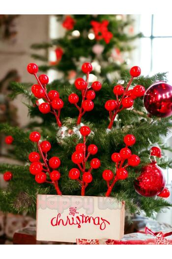 Happyland Red Berry Christmas Tree Ornament - 5 Pieces 10 Cm, New Year Cocina Ornament Cherry 5 Branches