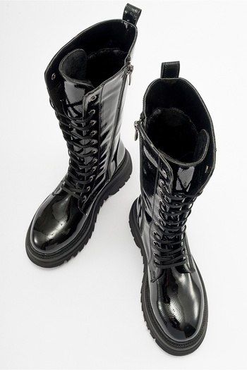 LuviShoes Γυναικείες μπότες με φερμουάρ PİOLA μαύρες λουστρίνι με κορδόνια