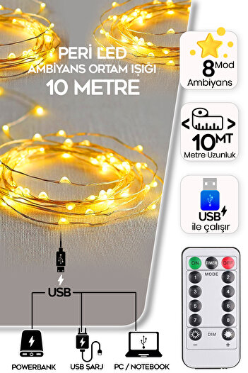 SULED Sl-1058 Peri Led 10 Metre Dekoratif Ortam Süsleme Işığı Kumandalı Usb Ile Çalışır Ambiyans Dekor Led