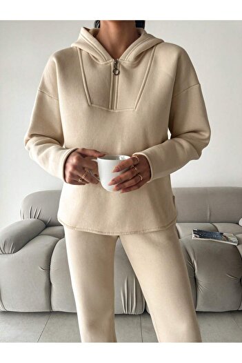 MONAMORE WOMEN'S 3 YARN CHARTED 18 CM ZIPPERED HIP SIZE HOODED TRACKSUIT