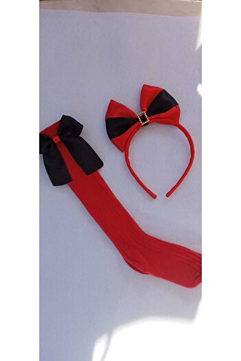 Sare Çocuk Giyim Christmas Red Bow Socks Big Bow Crown Buckle Set