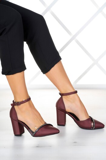 Erkan Saçmacı Samira Claret Red Satin Stoned Transparent Designed Shoes