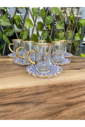 GÜRCÜGLASS Gold 12-Pcs Tea Set with Jewel Model Handles
