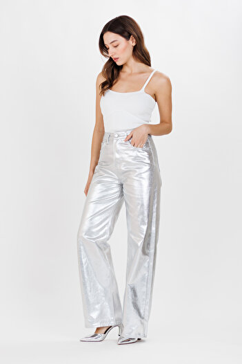 Ecrou Women's Silver Color Coated Palazzo Trousers