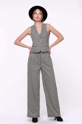 1Moda1Tarz Women's Checked Top Buttoned Lined Vest Bottom Pocket Buttoned Trousers Bottom-Top Set