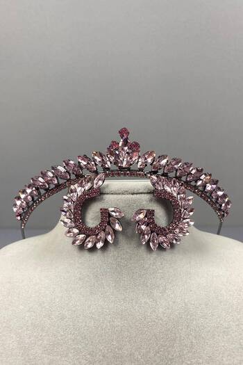 Hobigram Pink Thin Ilayda Model Bridal Tiara and Round Stone Earring Set – Crown, Crystal Stone, Stylish Model –