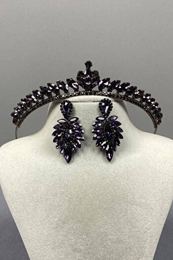 Hobigram Purple Color Thin Ilayda Model Bridal Crown and Thin Shuttle Earring Set – Crown, Crystal Stone, Stylish Model –