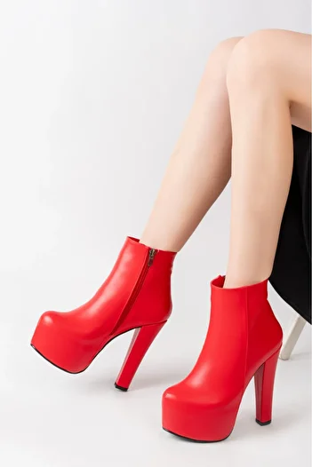 MASSOLE Red Leather Platform Boots New Season Stylish Evening Dress Women's Heeled Shoes Premium Model