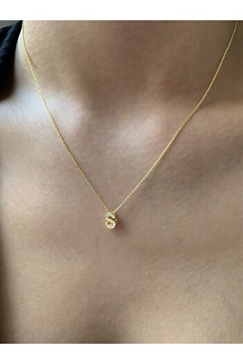 Ziu 925 Ayar Zirkon Taşlı Gold Minimal S Hafli Kolye Uzunluk 42 Cm