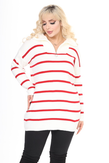 MJORA Zippered Polo Neck Striped Knitted Knitwear Sweater