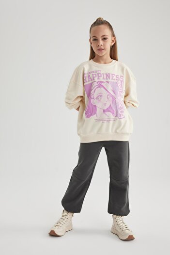 DeFacto Girl's Relax Fit Crew Neck Printed Sweatshirt B4673a823wn