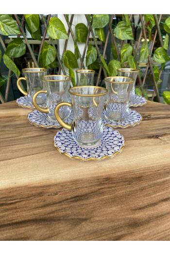 GÜRCÜGLASS Gold 12-Pcs Tea Set with Jewel Model Handles