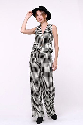 1Moda1Tarz Women's Checked Top Buttoned Lined Vest Bottom Pocket Buttoned Trousers Bottom-Top Set