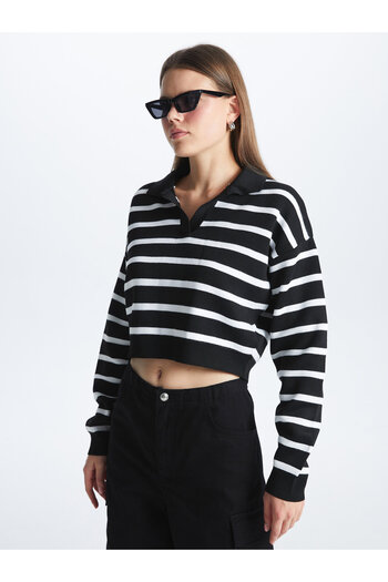 LC Waikiki Polo Neck Striped Long Sleeve Crop Women's Knitwear Sweater