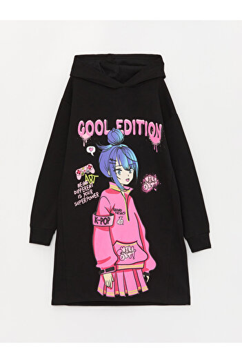 LC Waikiki Hooded Printed Long Sleeve Girl's Dress