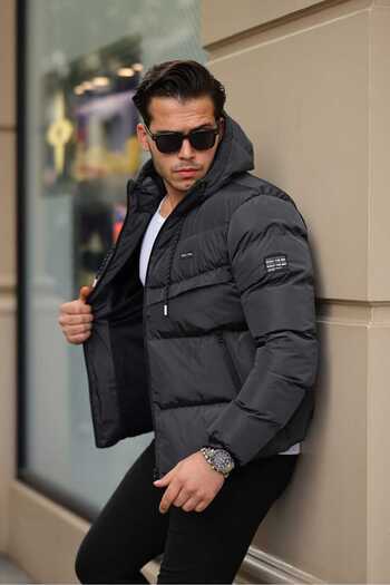 Rompasso Men's Anthracite Gray Fur Lined Water Cold Windproof Keeping Warm Inflatable Coat Memory Coat