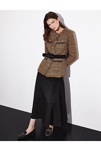 Kayra Buttoned Belted Tweed Jacket Beige