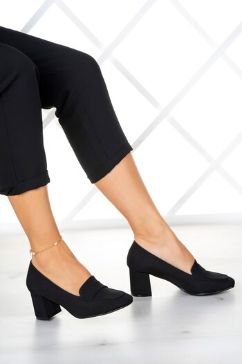 Erkan Saçmacı Della Black Crepe Square Toe Thick Heeled Classic Shoes