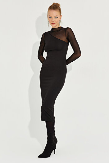 Cool & Sexy Rochie midi asimetrică cu detalii din tul negru pentru femei EY2601