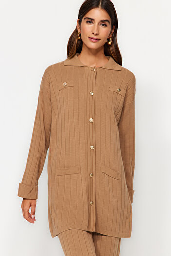 Trendyol Modest Brown Corded Cardigan-Pants Knitwear Top and Bottom Set TCTAW24US00003