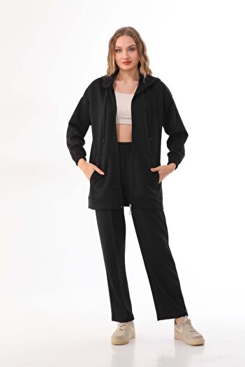 WestBound Women's Black Bottom Top Hijab Sports Tracksuit Double Suit Jacket Wide Leg Trousers