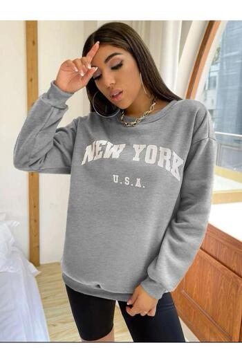 SELENA BUTİK Φούτερ με στάμπα New York σε γκρι χρώμα, μεγάλου μεγέθους, unisex