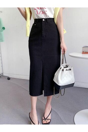 LAMİRAMOOD Black Stretch Denim Skirt - Split and Full Size