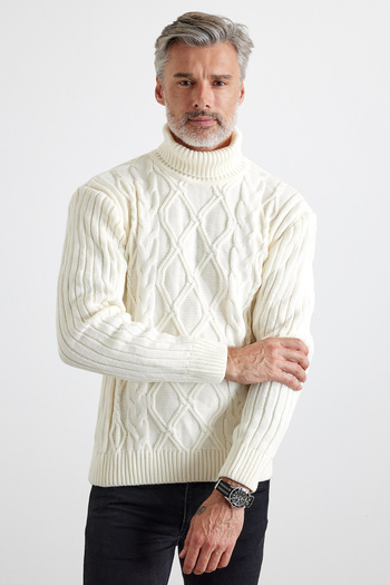 Livio Ferri Men's Diamond Patterned Hair Braided Ribbed Fisherman Full Sweater