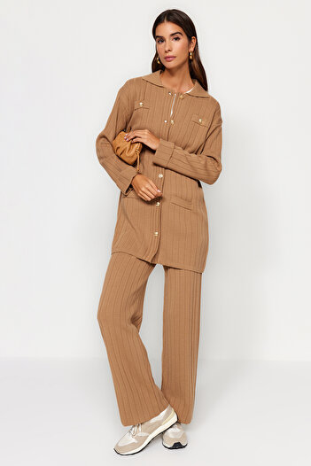 Trendyol Modest Brown Corded Cardigan-Pants Knitwear Top and Bottom Set TCTAW24US00003