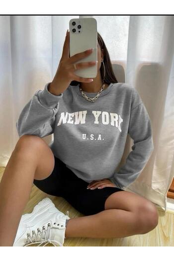 SELENA BUTİK Φούτερ με στάμπα New York σε γκρι χρώμα, μεγάλου μεγέθους, unisex