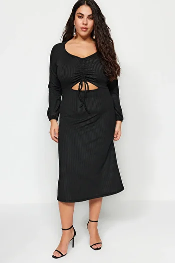 Trendyol Curve Black Window/Cut Out Detailed Gathered Knitted Dress TBBAW23AH00080