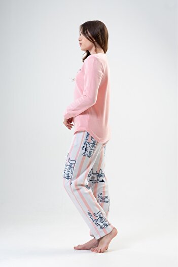 VİENETTA Kadın Polar Somon Desenli Yuvarlak Yaka Uzun Kollu Pijama Takımı